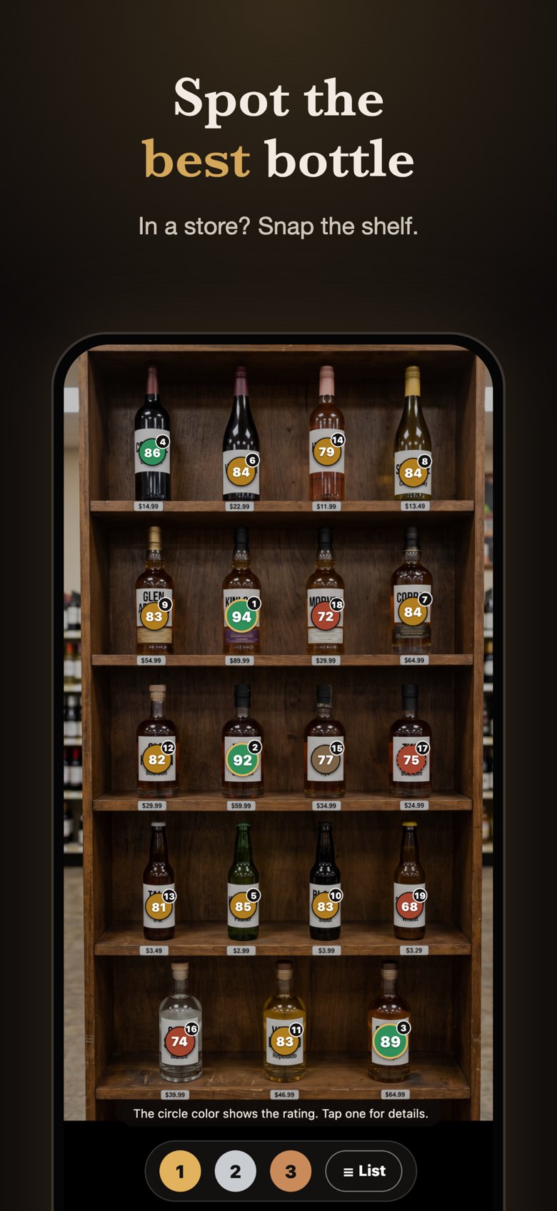 Spot the best bottle: a shelf with a rating on every bottle