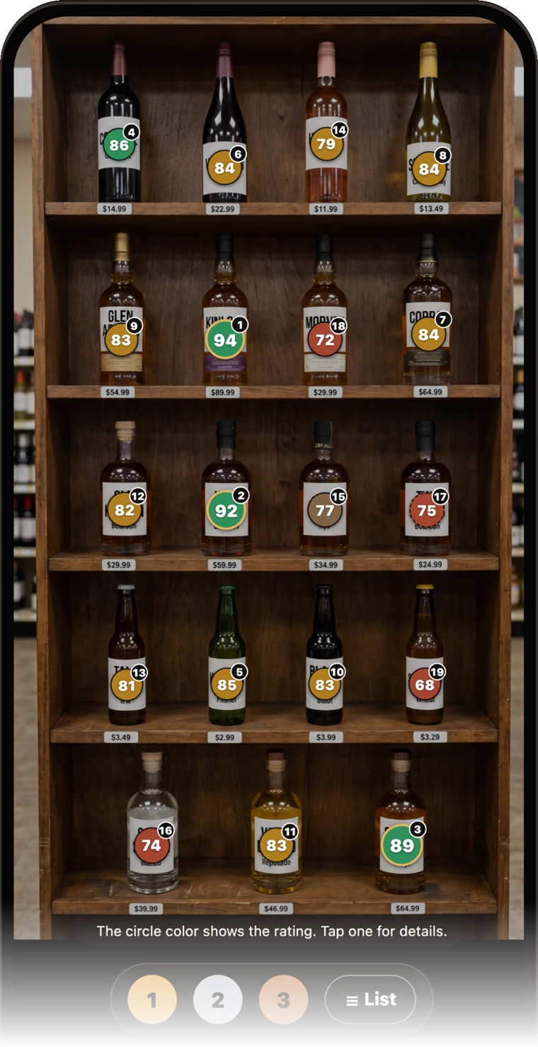 App screen: shelf with ratings on bottles and the 1-2-3 podium
